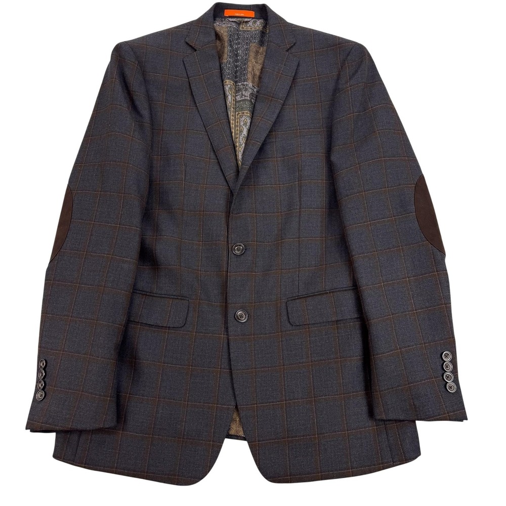 Tallia Blazer Mens 40L Gray Plaid 100% Wool Elbow Patch Sport Coat Jacket Office